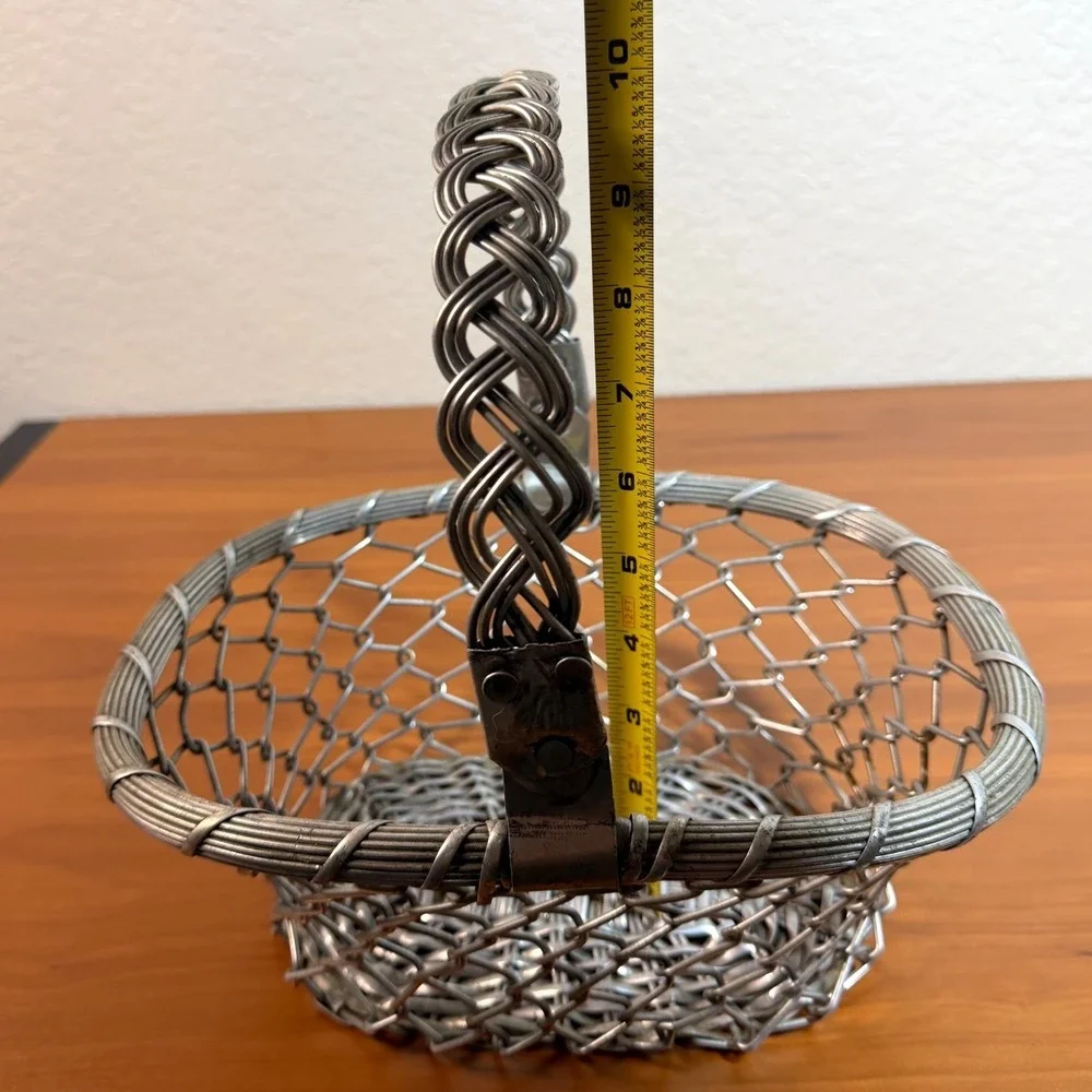 Handmade Vintage Aluminum Woven Wire Basket with Braided Handle Silver Tone Met